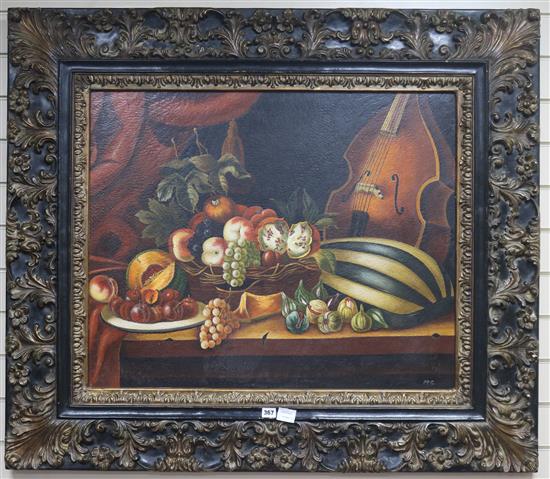 18th century style Dutch School, oil on canvas, still life with pomegranates, a melon and a violin on a ledge